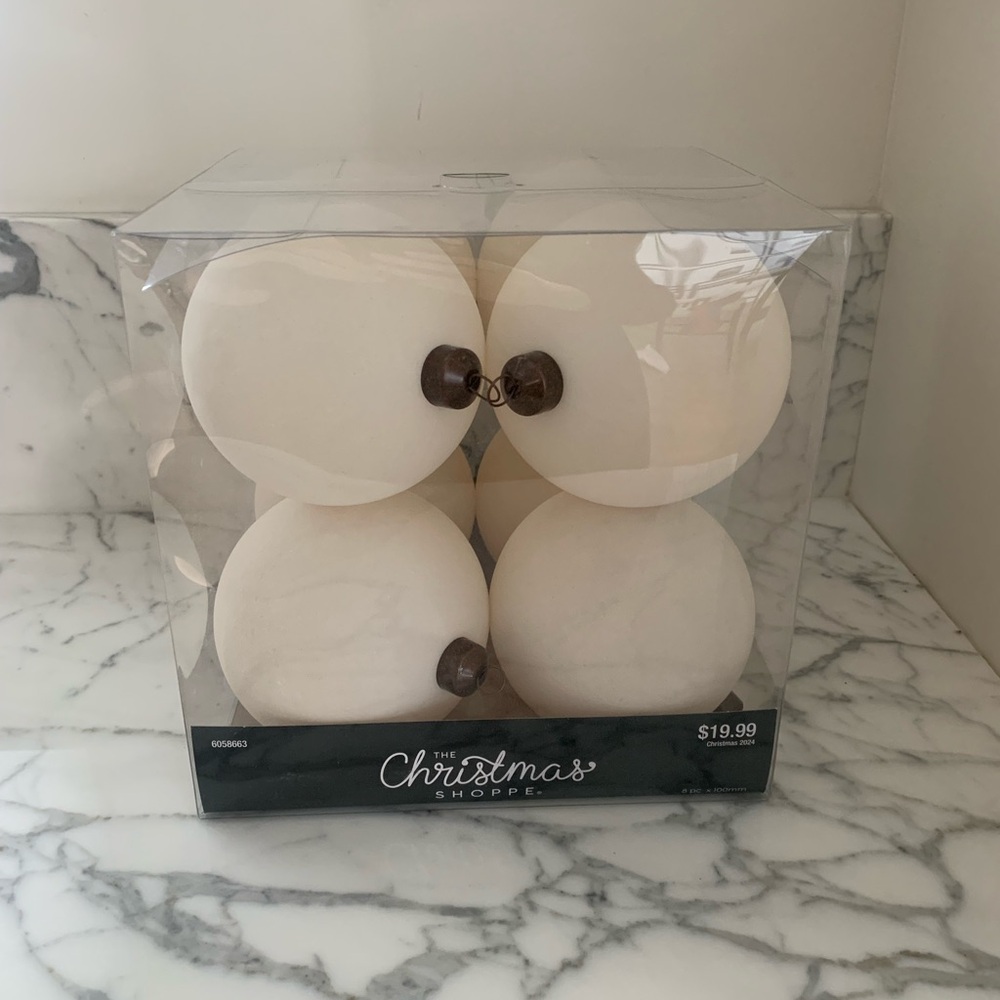 Hobby Lobby Velvet Flocked Ball Ivory Ornaments—Medium, 100mm, 4 inch, Set of 8